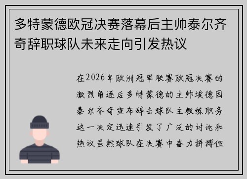 多特蒙德欧冠决赛落幕后主帅泰尔齐奇辞职球队未来走向引发热议